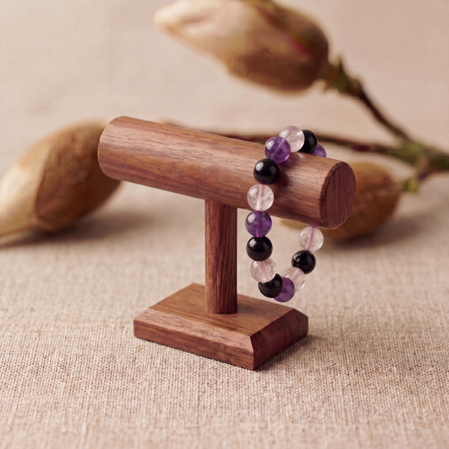 Bracciale dei 3 Cristalli - Ametista, Quarzo rosa e Ossidiana| Equilibrio e Forza