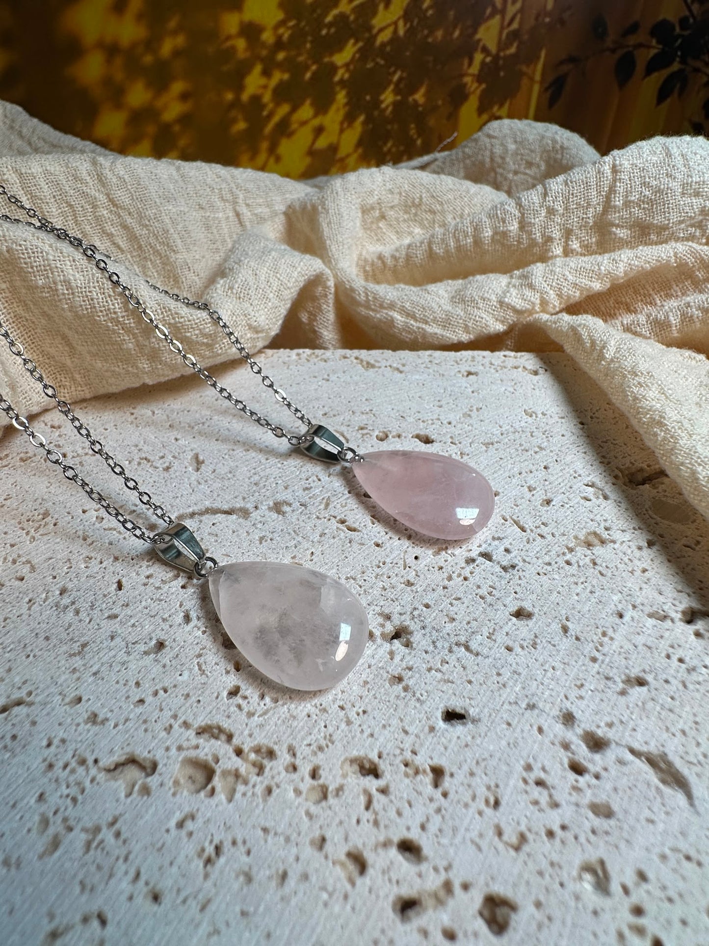 Collana Quarzo Rosa Goccia | Acciaio