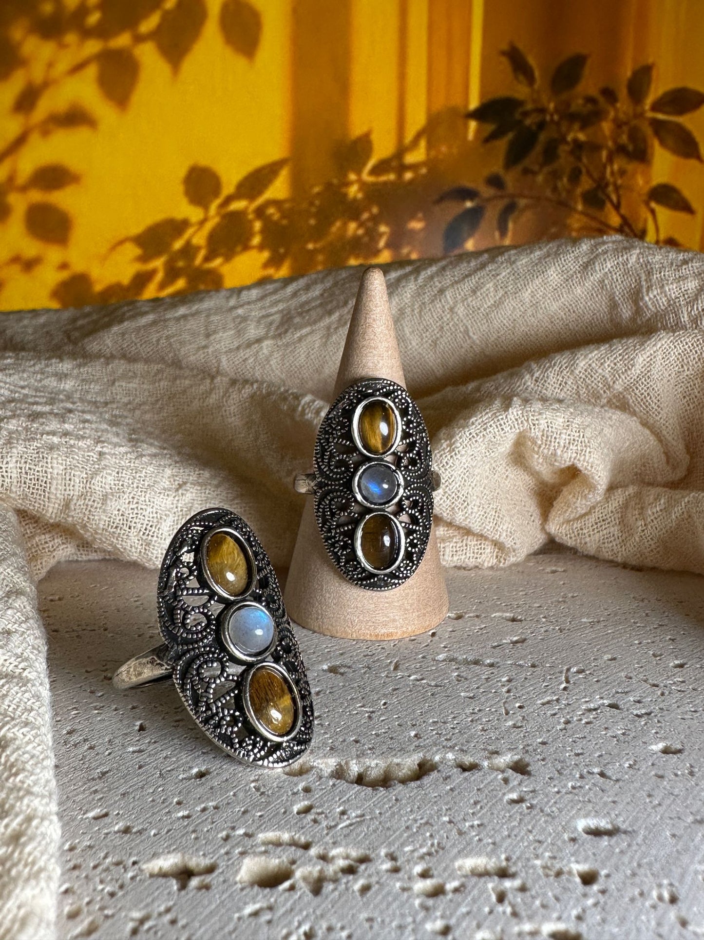 Anello occhio di tigre e pietra di luna | Protezione e Intuizione